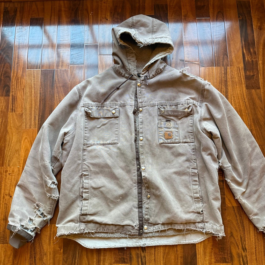 Carhartt J284 FWD Distressed Sherpa Lined Sandstone Duck Hooded Jacket Mens XL