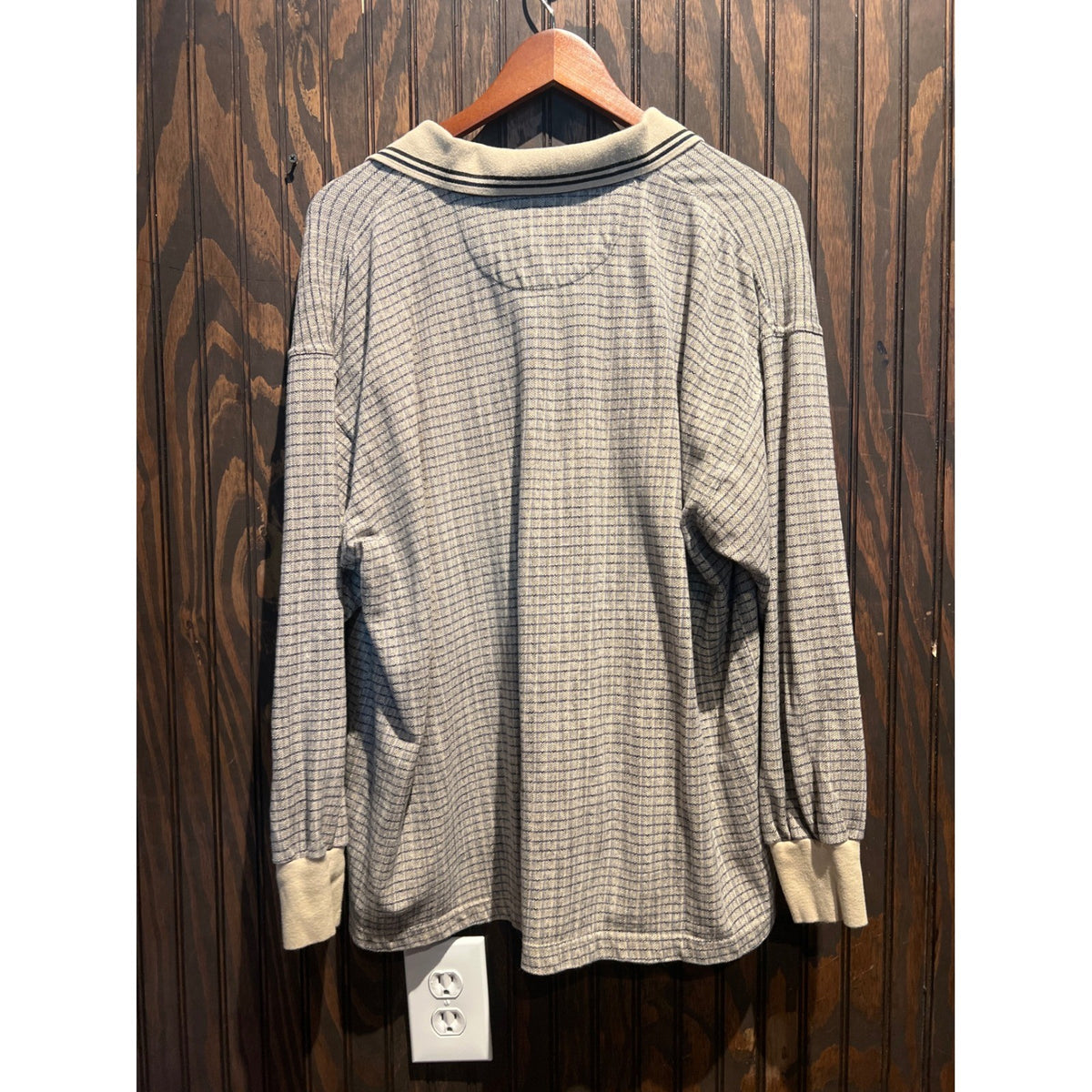 Vintage Cougar Sport Mens XL Long Sleeve Polo Shirt Gray Cream Textured Grid