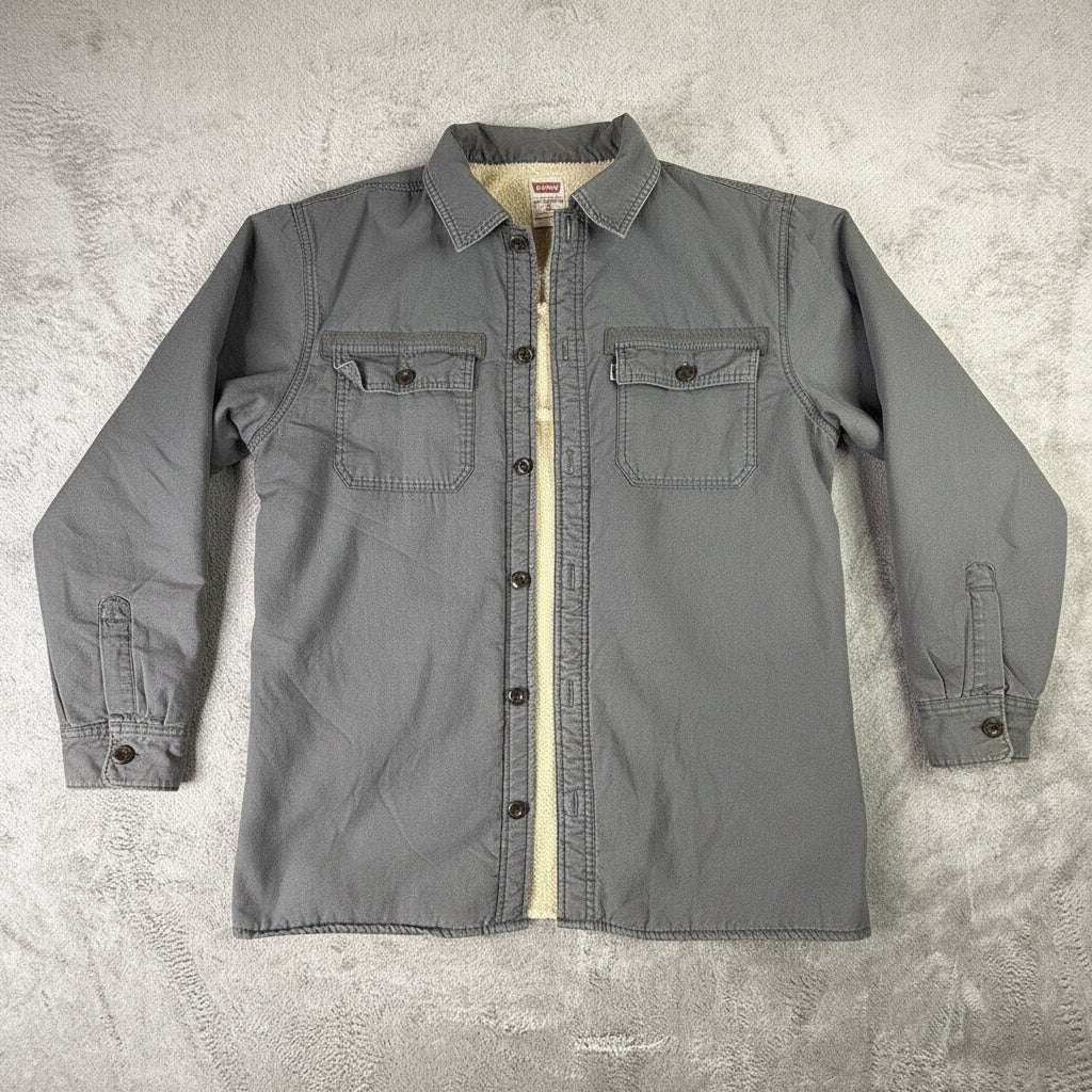 Levis Mens Gray Sherpa Lined Canvas Shirt Jacket Regular Fit Medium Workwear