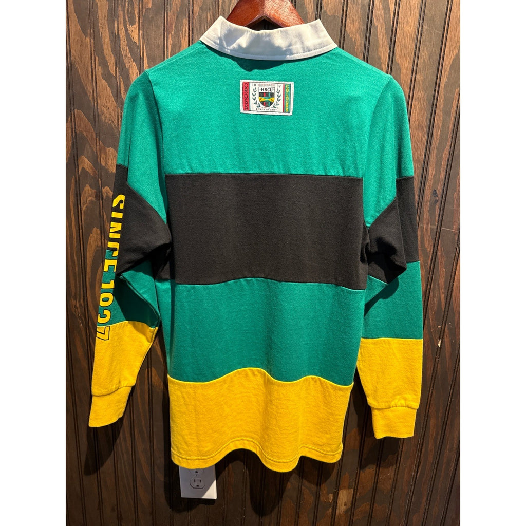 Cross Colours HBCU Rugby Shirt Green Black Yellow Colorblock Long Sleeve XL