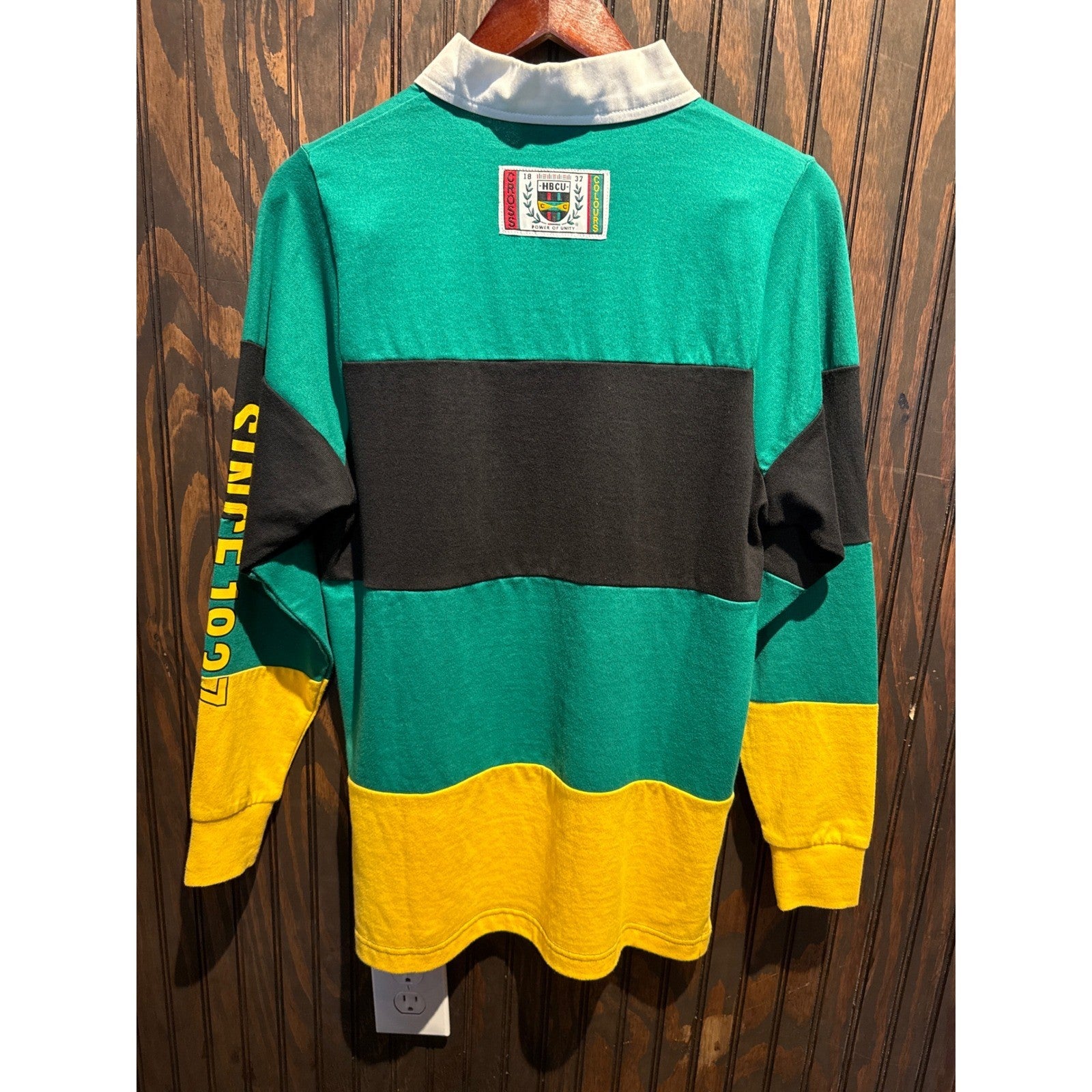 Cross Colours HBCU Rugby Shirt Green Black Yellow Colorblock Long Sleeve XL