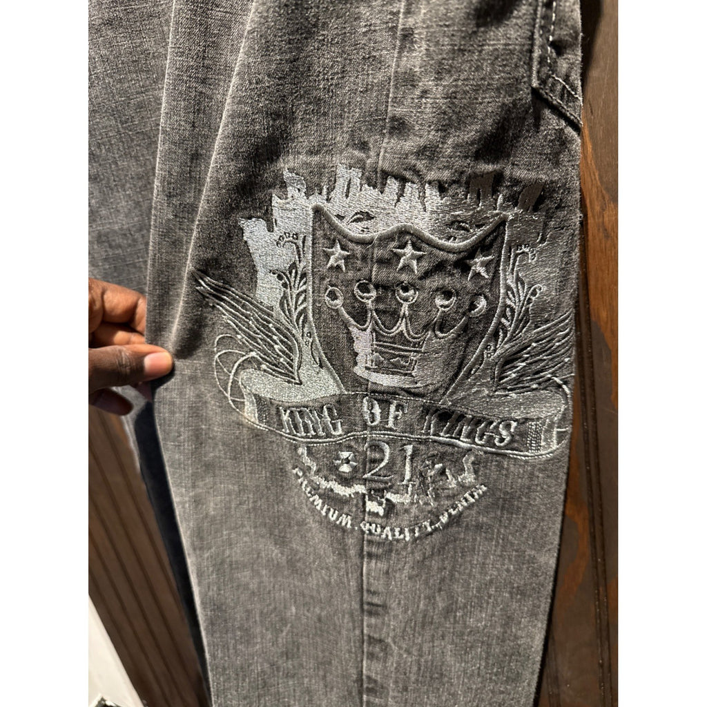 Southpole King of Hill Black Acid Wash Embroidered Relaxed Y2K Jeans Mens 34x33