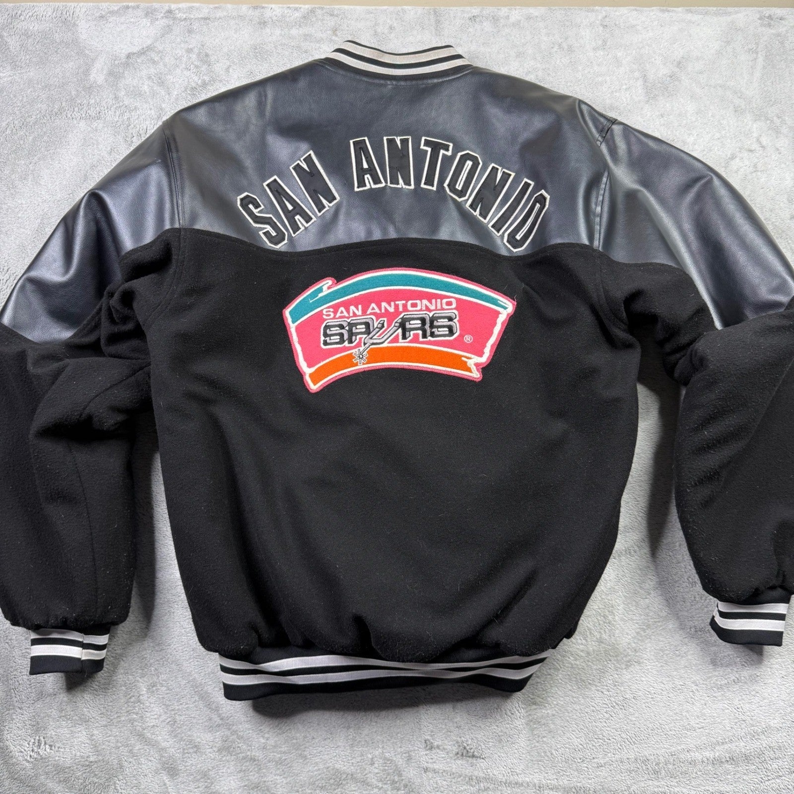 San Antonio Spurs Varsity Jacket Mens Leather Wool Black White Embroidered Logo