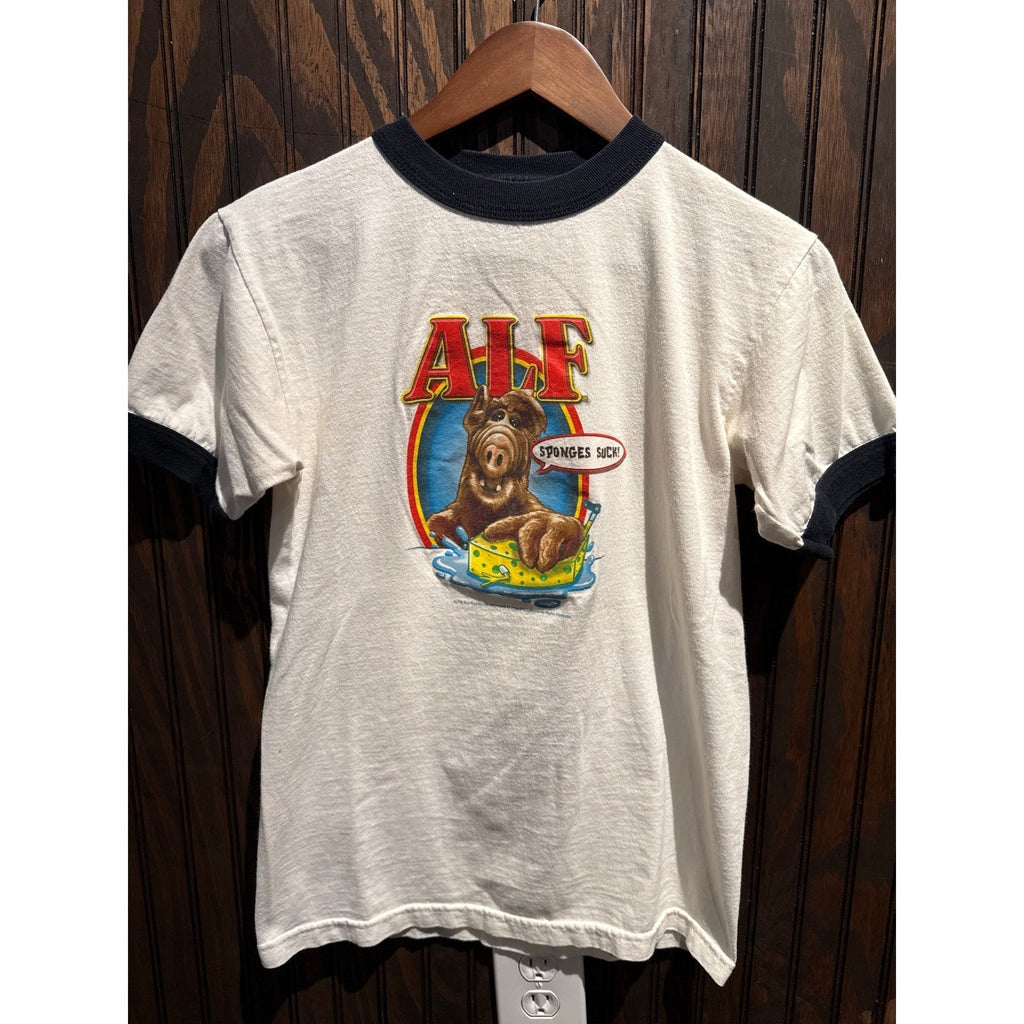 Vintage ALF Sponges Suck Ringer T-Shirt White Black 80s TV Show Graphic Tee