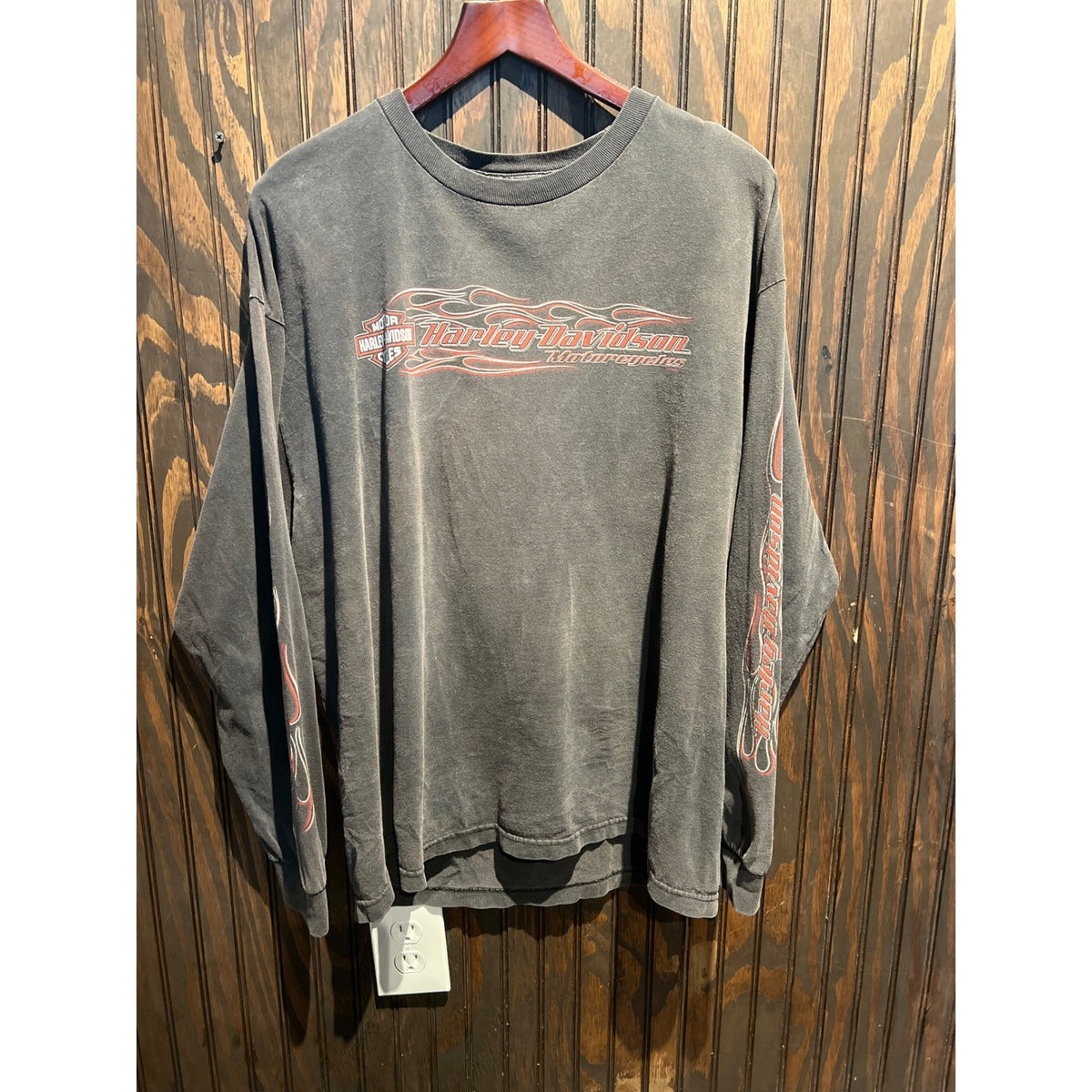 Harley Davidson Vintage Faded Black Flame Graphic Long Sleeve Tee Shirt XL 24x30