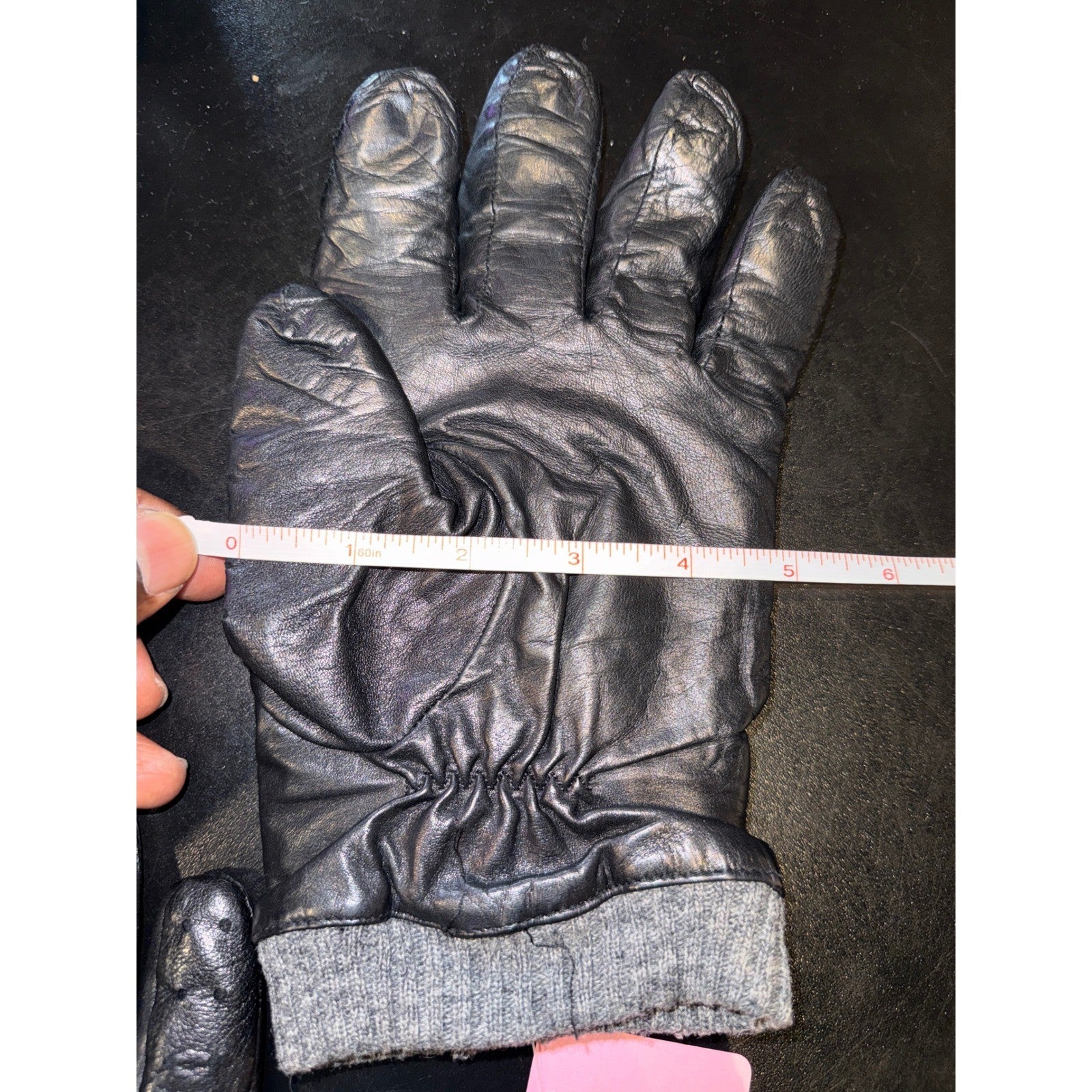 Polo Ralph Lauren Mens Black Leather Driving Gloves Grey Knit Cuff Snap Strap