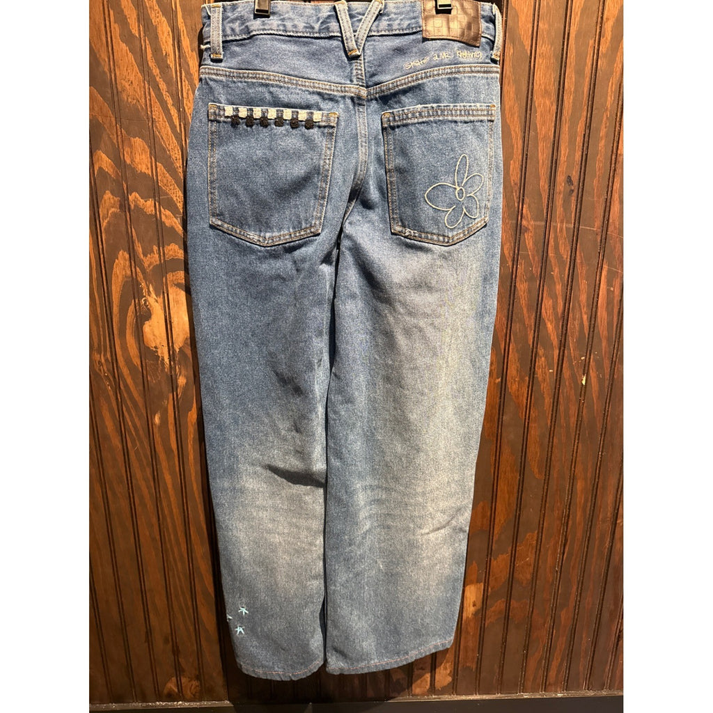 Bubblegum USA Wide Leg Jeans Blue Medium Wash Embroidered Star Lightning Bolt 28