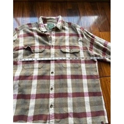 Woolrich Mens Plaid Flannel Button Down Shirt Tan Burgundy Long Sleeve XL