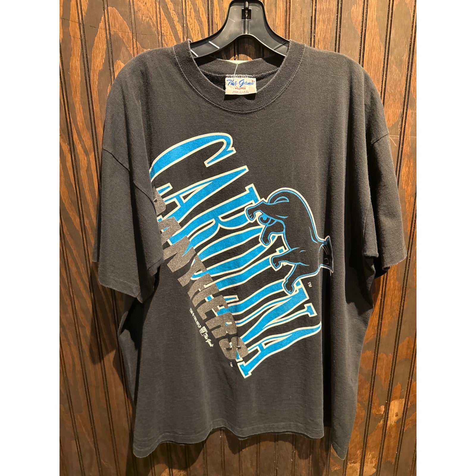 Vintage Carolina Panthers The Game T-Shirt Mens XL Black NFL 90s Graphic Tee