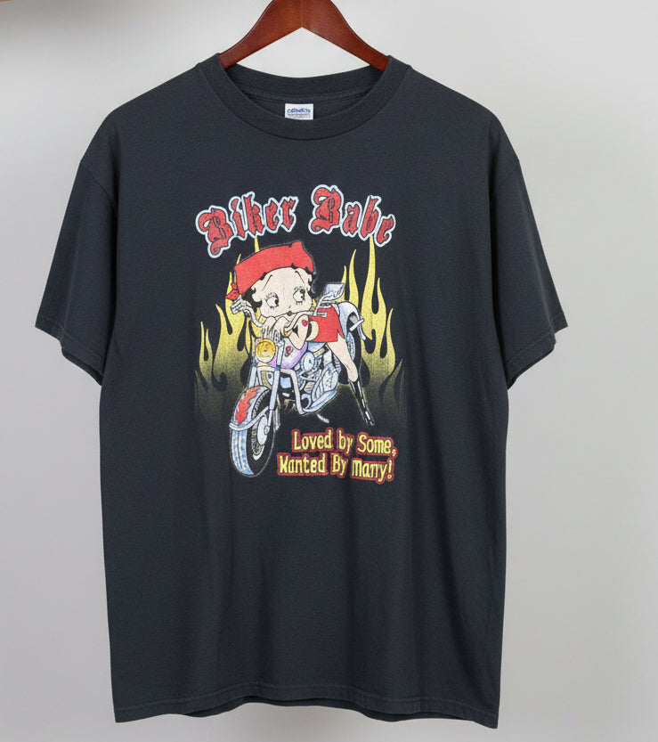 Vintage Betty Boop Biker Babe Graphic T-Shirt Faded Black Single Stitch XL L