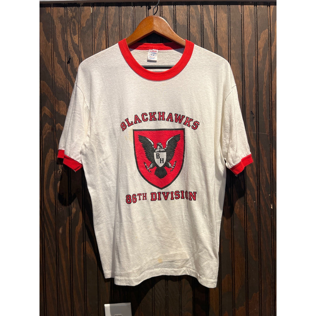 Vintage Jerzees Russell 86th Division Blackhawks Ringer T-Shirt XL White Red USA