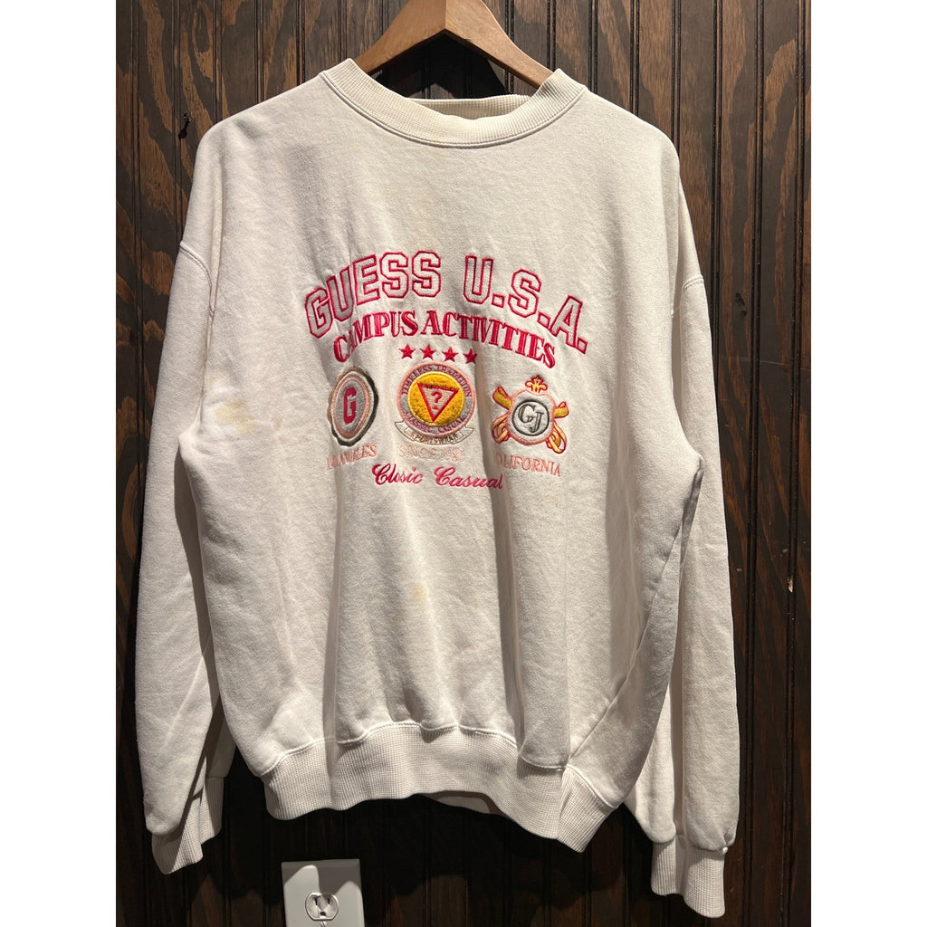 Vintage Guess USA Campus Activities Sweatshirt Cream Red Embroidered Large