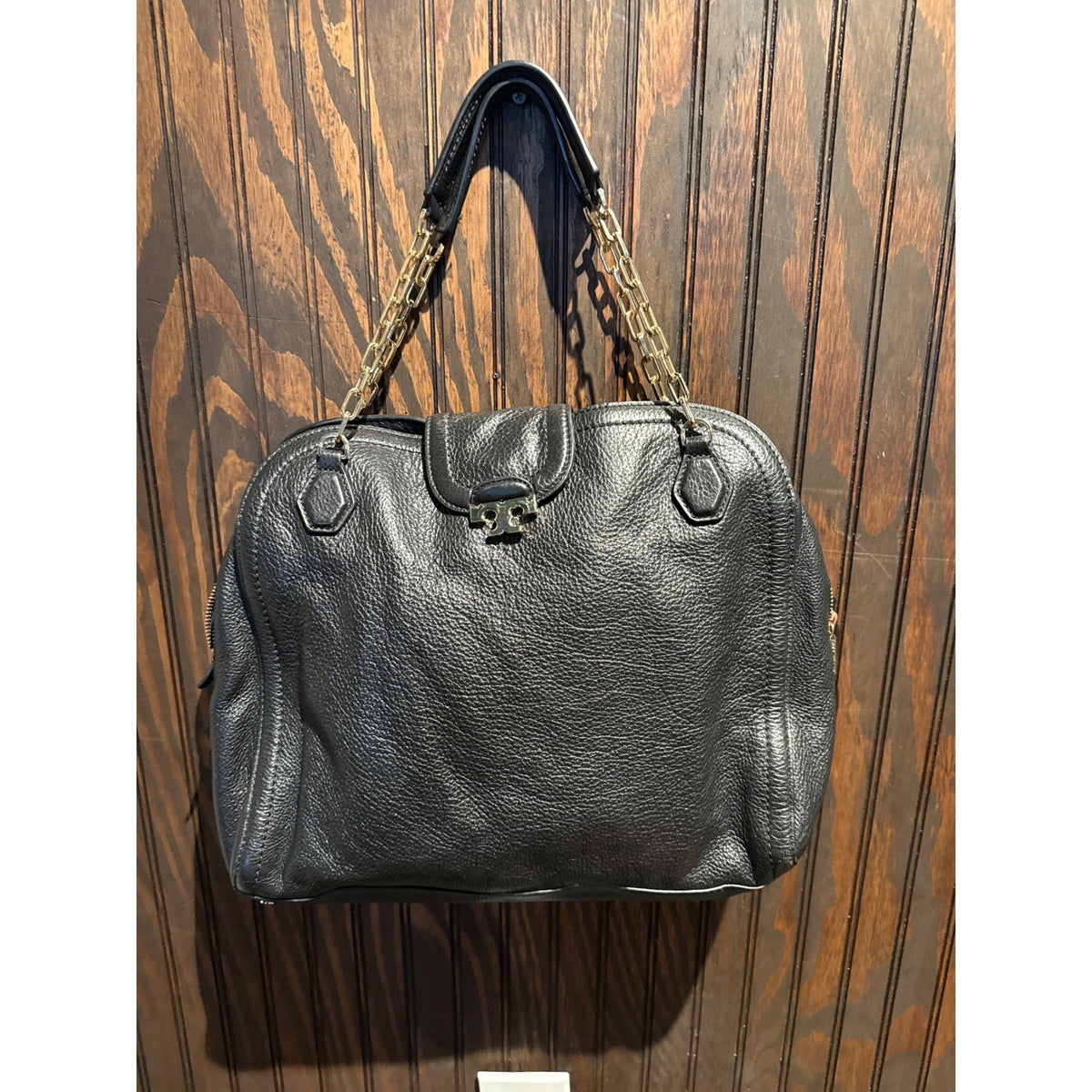 Tory Burch Black Pebbled Leather Satchel Gold Chain Shoulder Bag Logo Clasp