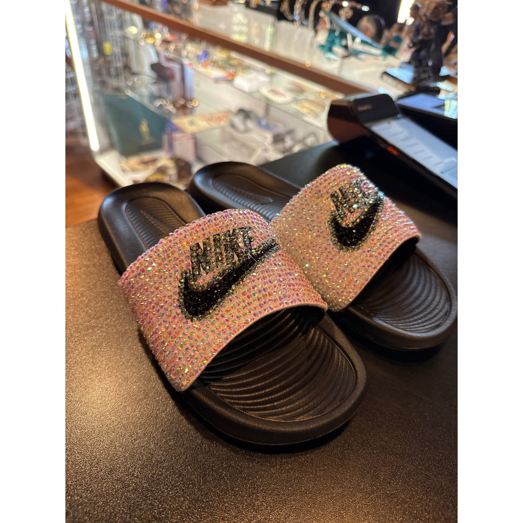 Nike Kawa Custom Rhinestone Slides Black Iridescent Bling Sandals Mens Womens