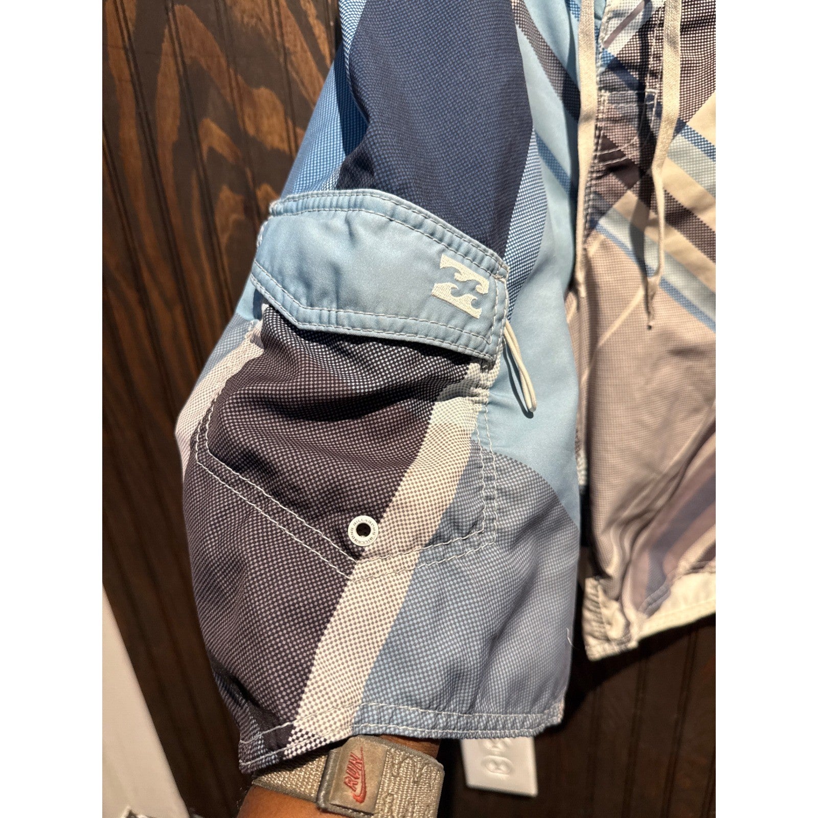 Billabong Mens Blue Plaid Board Shorts Size 32 Cargo Pocket Swim Trunks Surf