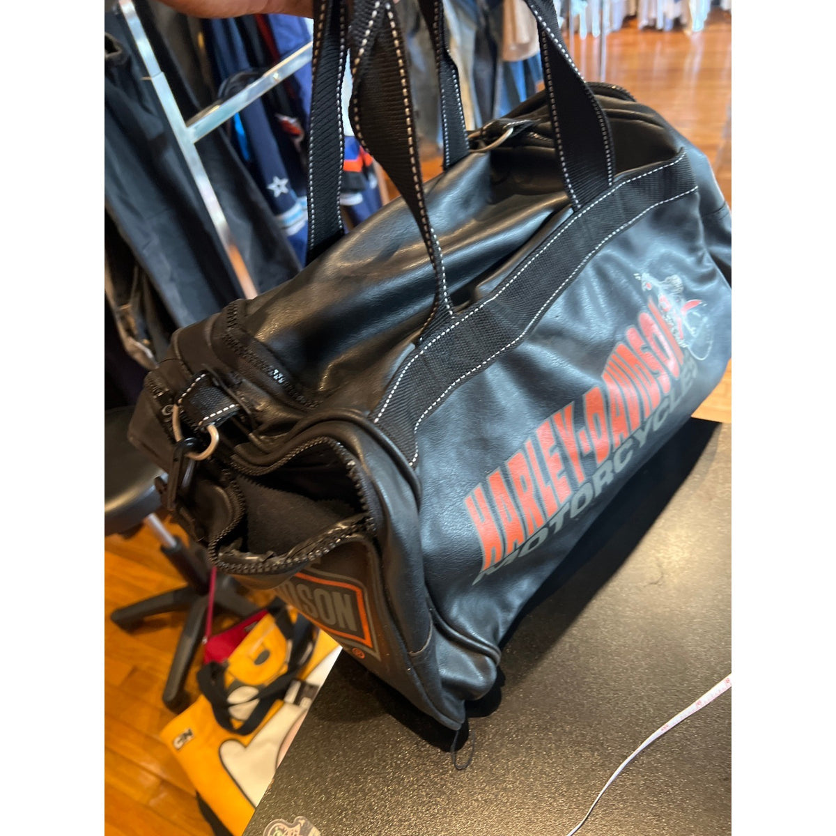 Harley Davidson Motorcycles Black Faux Leather Duffel Bag Graphic Biker Barrel