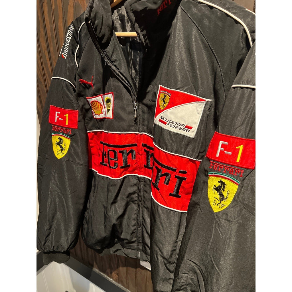 Vintage Ferrari F1 Racing Jacket Black Red Embroidered Sponsor Patches Mens L