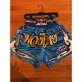 Boon Sport Muay Thai Shorts Blue Gold Silver Flame Satin Kickboxing Trunks Thai