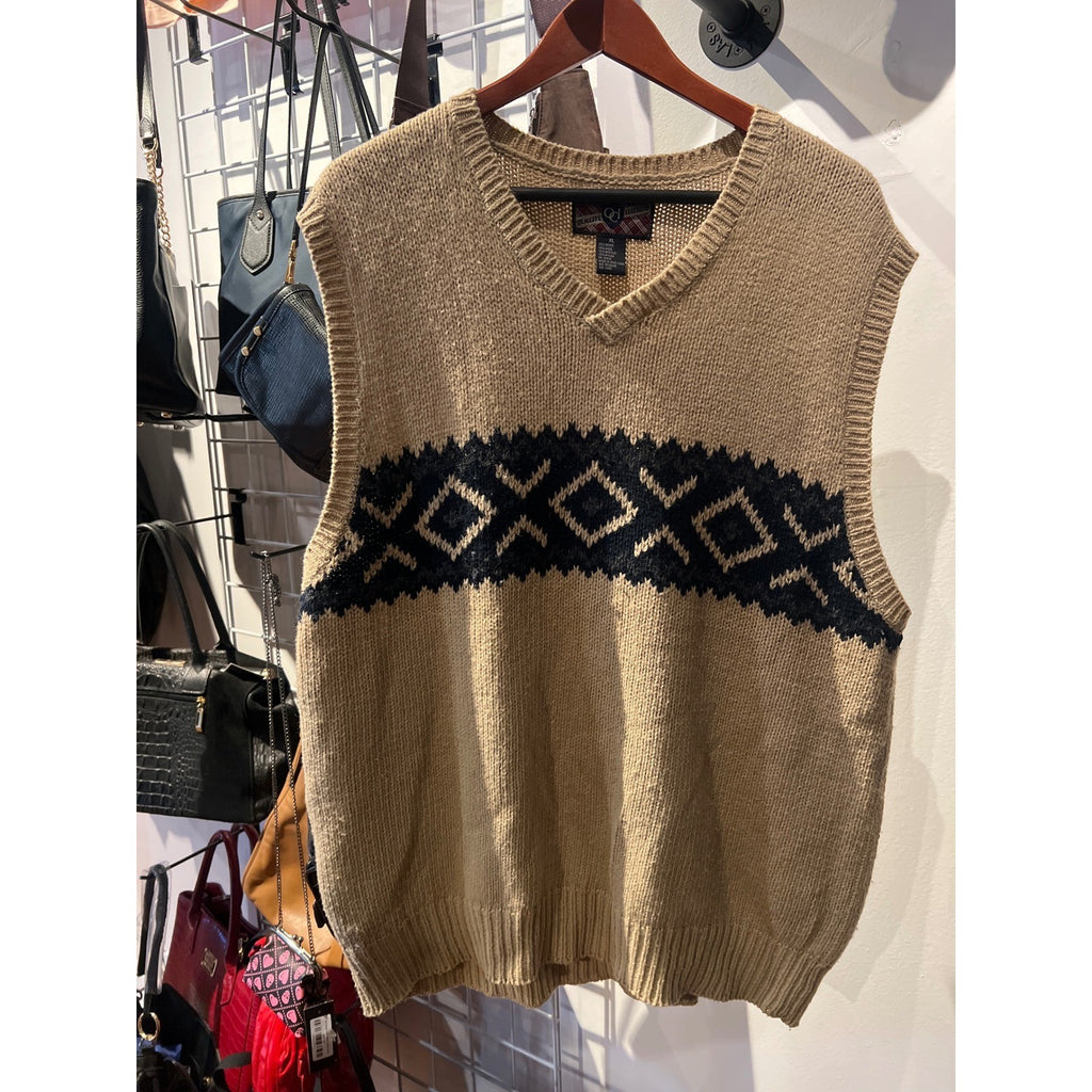 Vintage Quality & Integrity Tan Navy Diamond Knit Sweater Vest V-Neck XL 25x31
