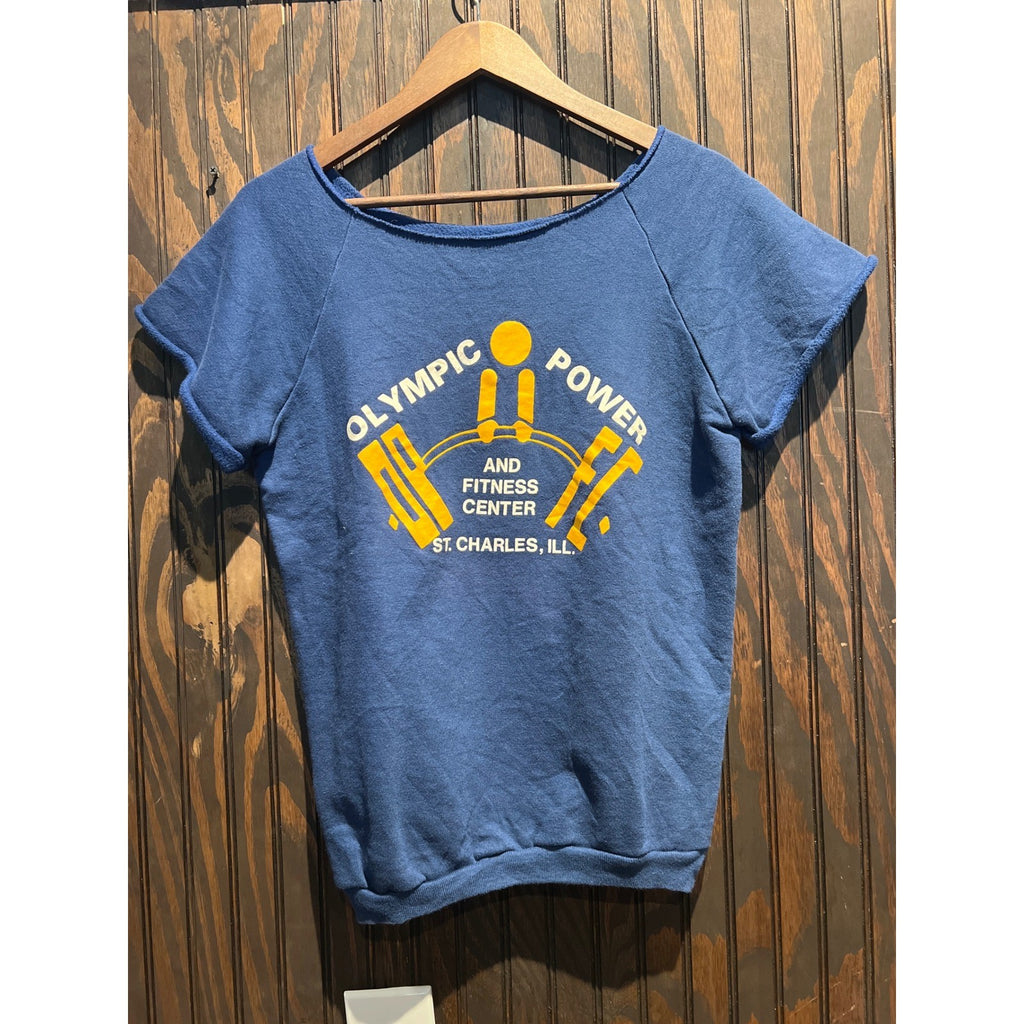Vintage Olympic Power Fitness Center Short Sleeve Cut Off Sweatshirt Blue 18x23