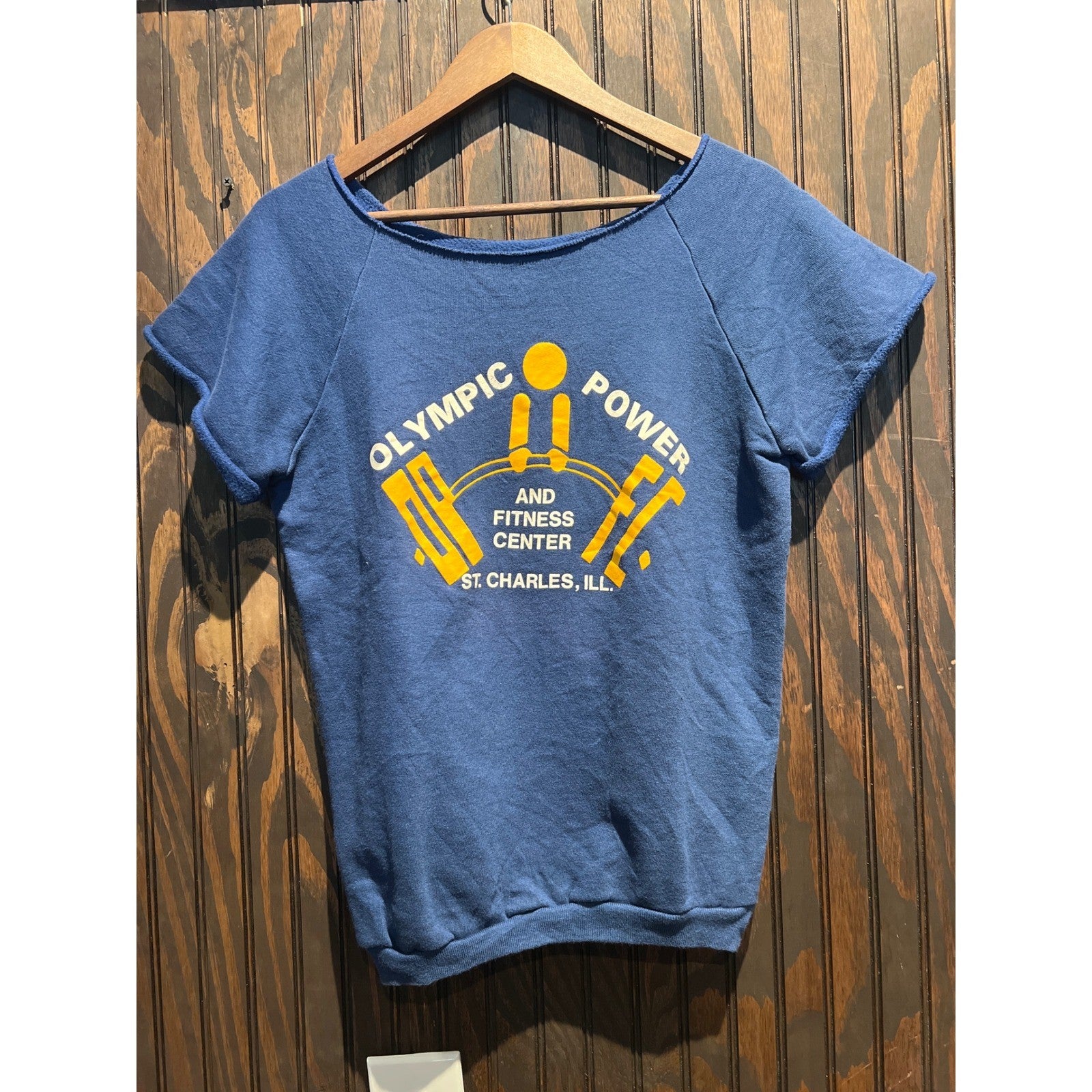 Vintage Olympic Power Fitness Center Short Sleeve Cut Off Sweatshirt Blue 18x23