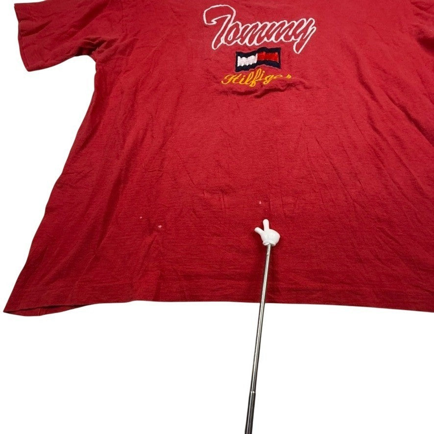 Vintage Tommy Hilfiger Red Graphic T Shirt Embroidered Logo Size XL