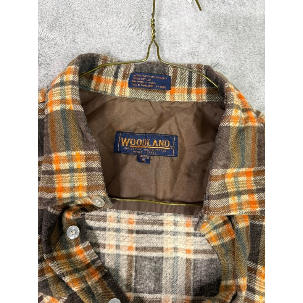 WOODLAND Plaid Flannel Lined Shirt Jacket Mens XL Brown Orange Green Long Sleeve