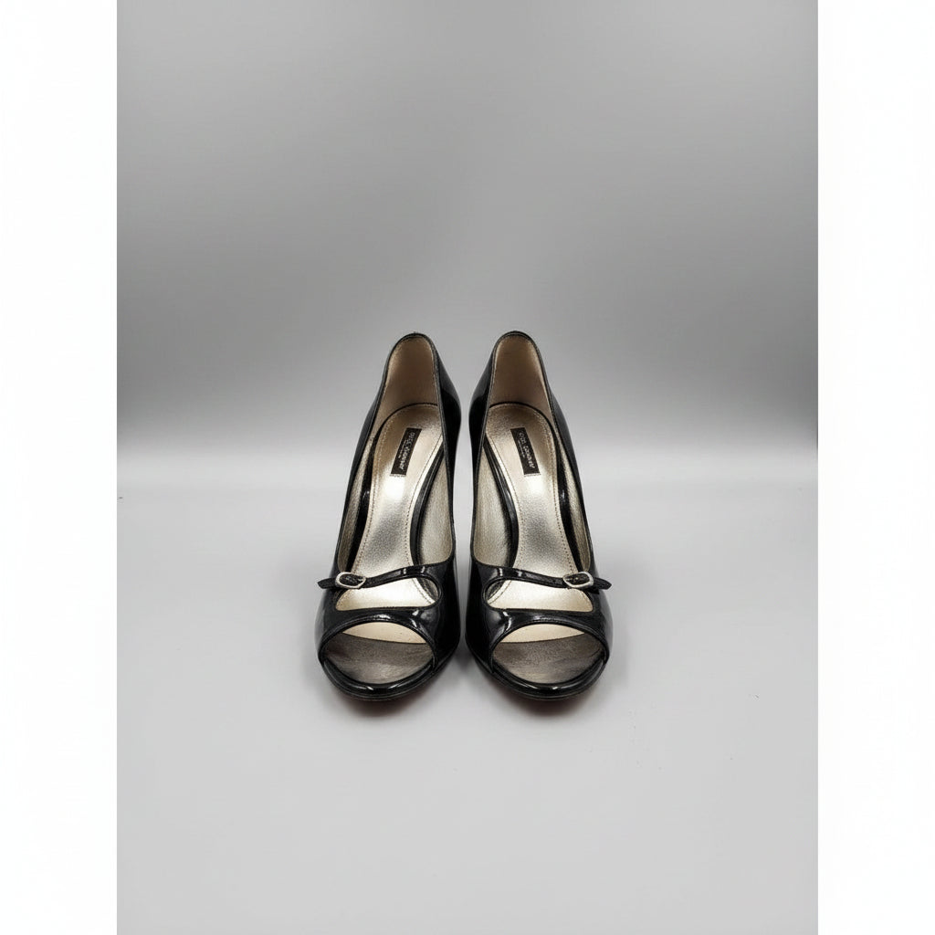 Dolce & Gabbana Black Patent Leather Mary Jane Peep Toe Pumps Heels EU 39