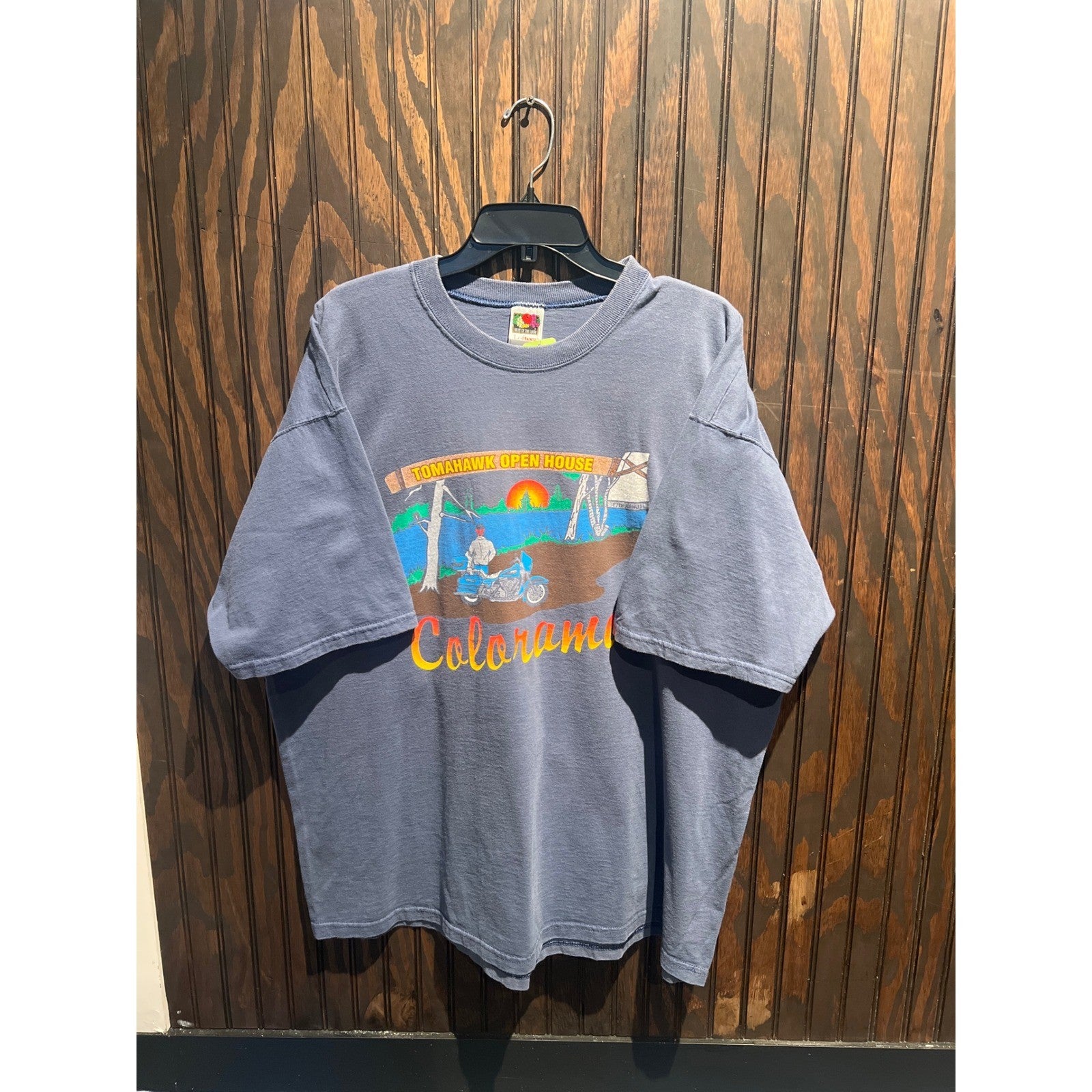 Vintage Fruit of the Loom Tomahawk Open House Colorama Biker T-Shirt Navy XL