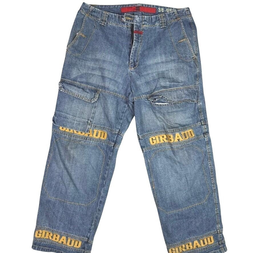 Girbaud Jeans Mens 38x30 Relaxed Fit Carpenter Cargo Denim Pants Yellow Logo