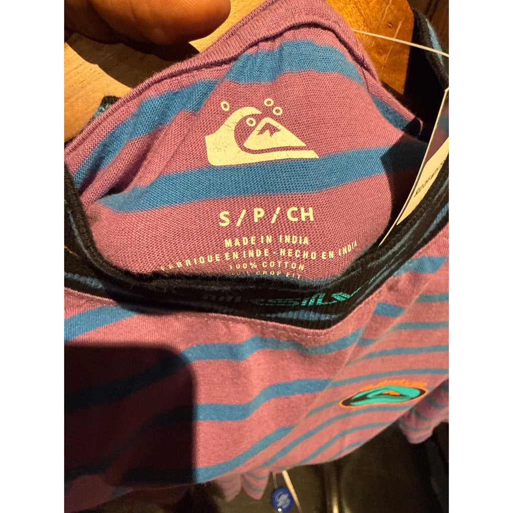 Vintage Quiksilver Striped Crop Top Mock Neck 90s Surf Purple Blue Boxy Tee