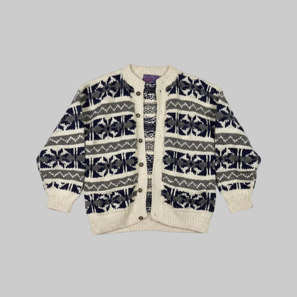Artesania Authentic Handknit 100% Wool Cardigan Sweater Navy Grey Cream