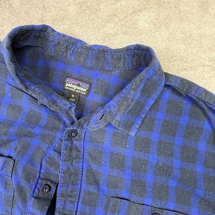 Patagonia Organic Cotton Flannel Men's XL Blue Plaid Long Sleeve Button Down