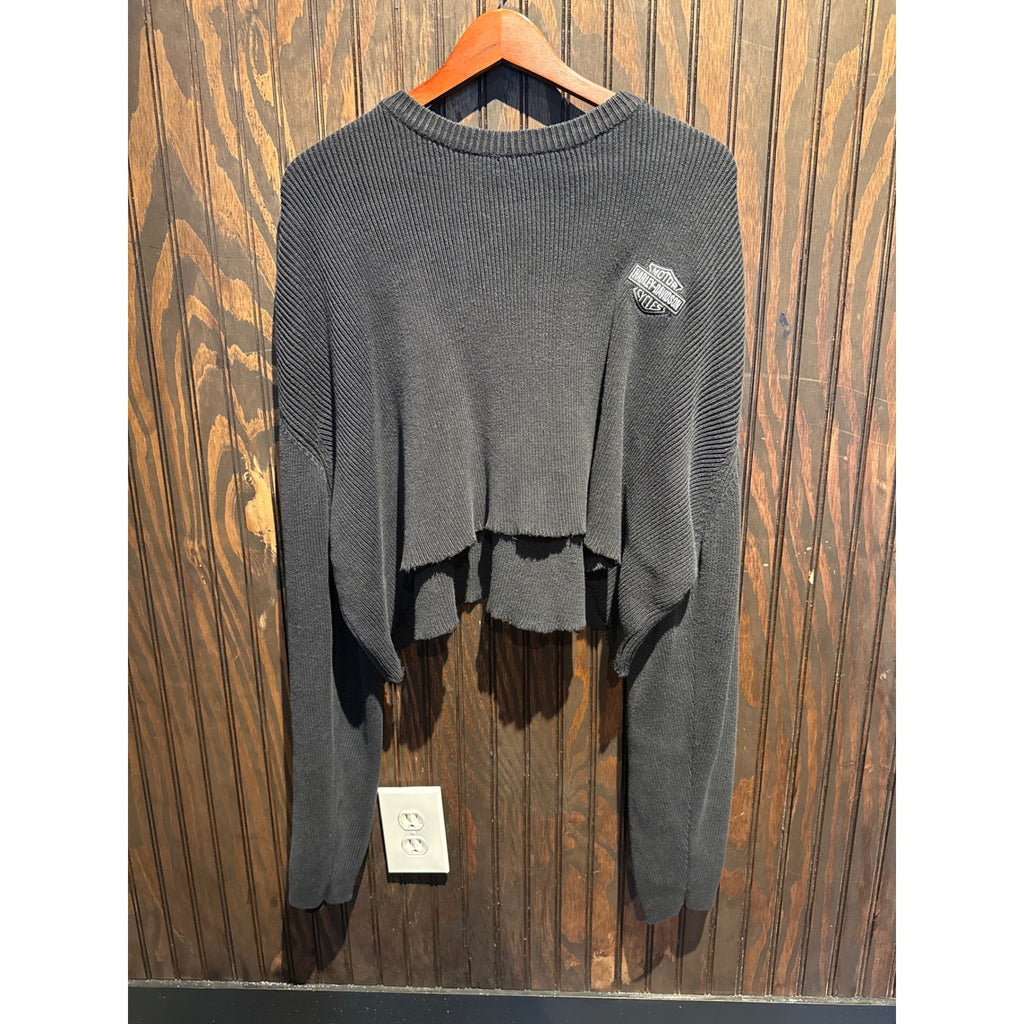 Harley-Davidson Ribbed Knit Cropped Deconstructed Sweater Black Logo Patch Large