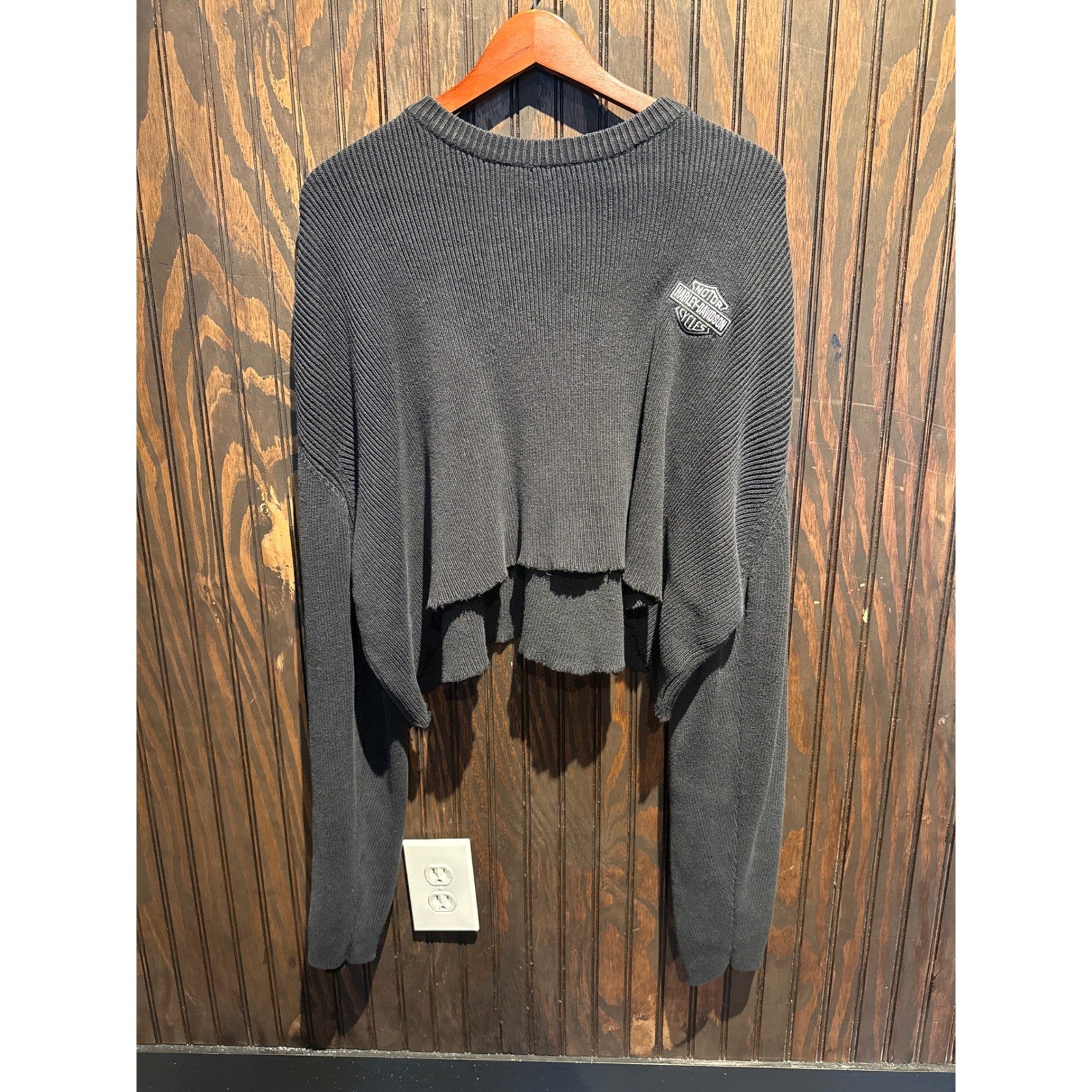 Harley-Davidson Ribbed Knit Cropped Deconstructed Sweater Black Logo Patch Large