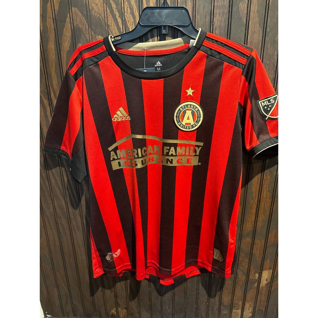 Adidas Atlanta United FC Mens Red Black Striped Soccer Jersey MLS Medium NEW