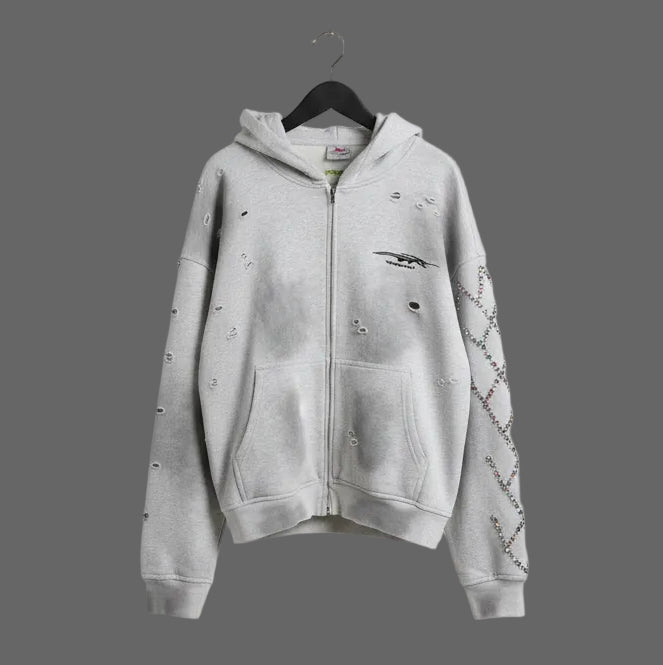 Vital Worldwide Co Rhinestone Distressed Zip Hoodie Grey FW2025 Mens Large