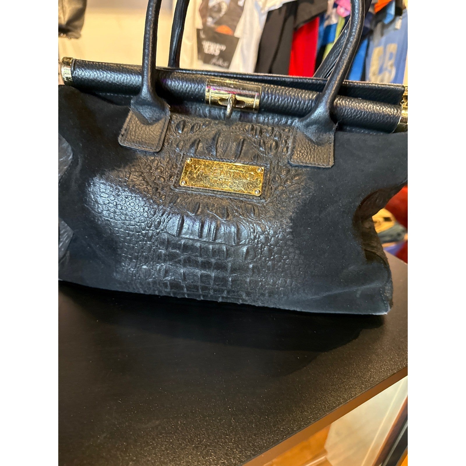 Valentino Orlandi Black Crocodile Embossed Leather Suede Satchel Frame Bag Italy