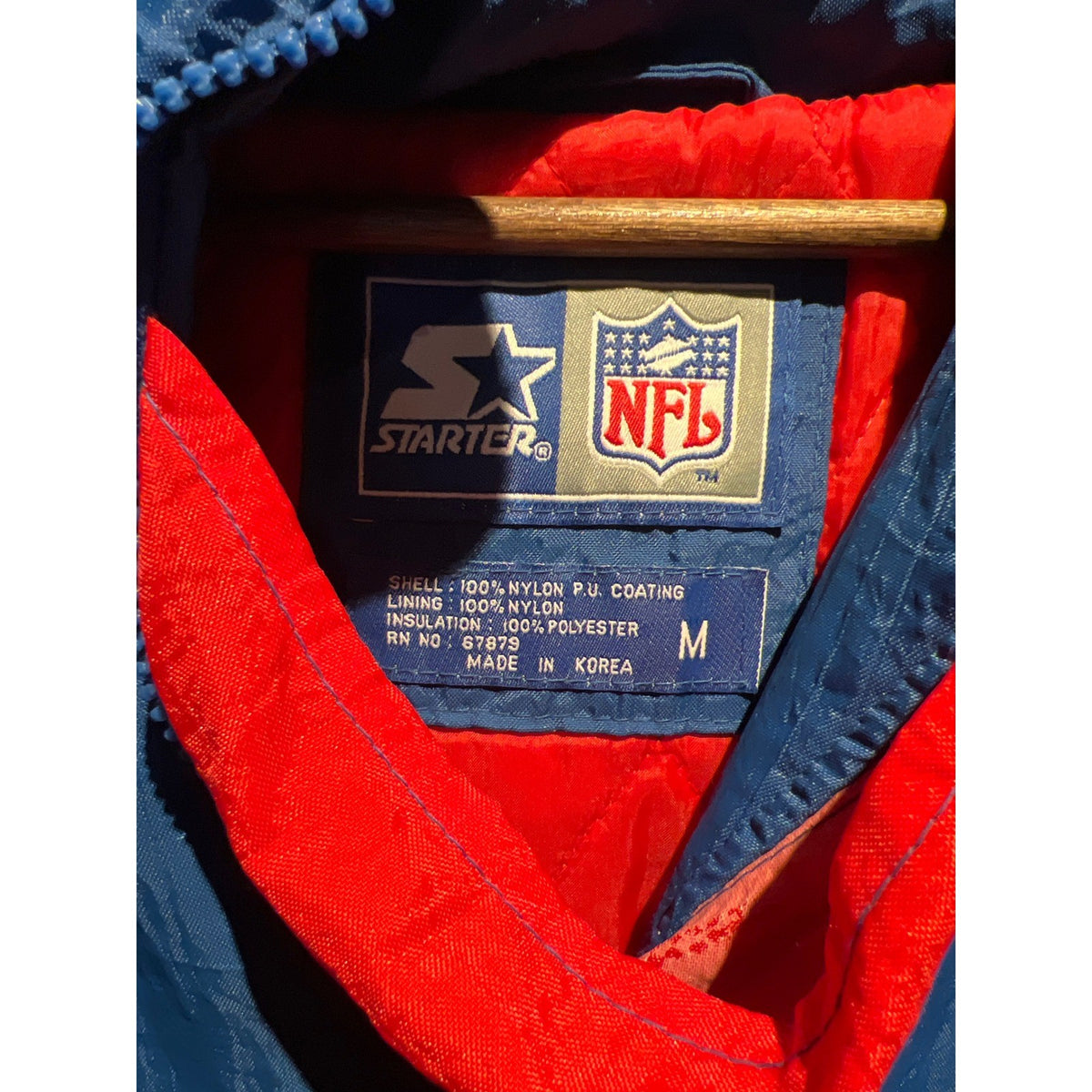 Vintage Starter New York Giants NFL Hooded Puffy Jacket Blue Red 90s Half Zip