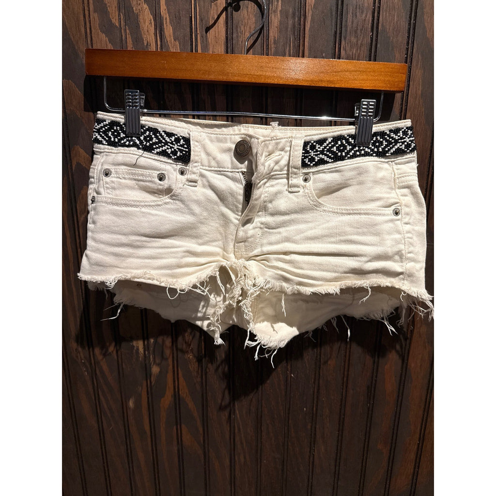 American Eagle White Denim Cutoff Shorts Beaded Waistband Boho Distressed Womens