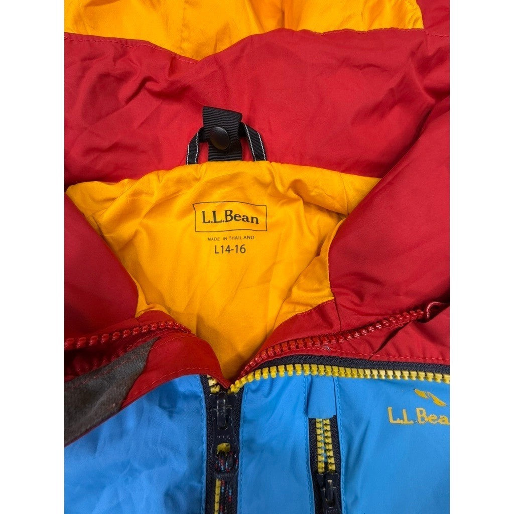 LL Bean Colorblock Hooded Jacket Youth L14 16 Red Blue Gray Zip Up Outerwear