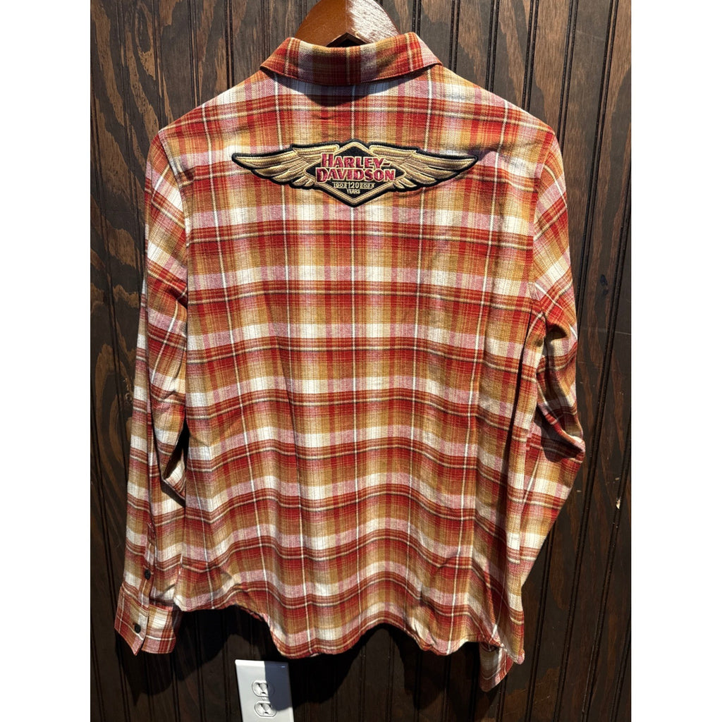 Harley-Davidson 120th Anniversary Flannel Shirt Orange Plaid Button Up Mens L