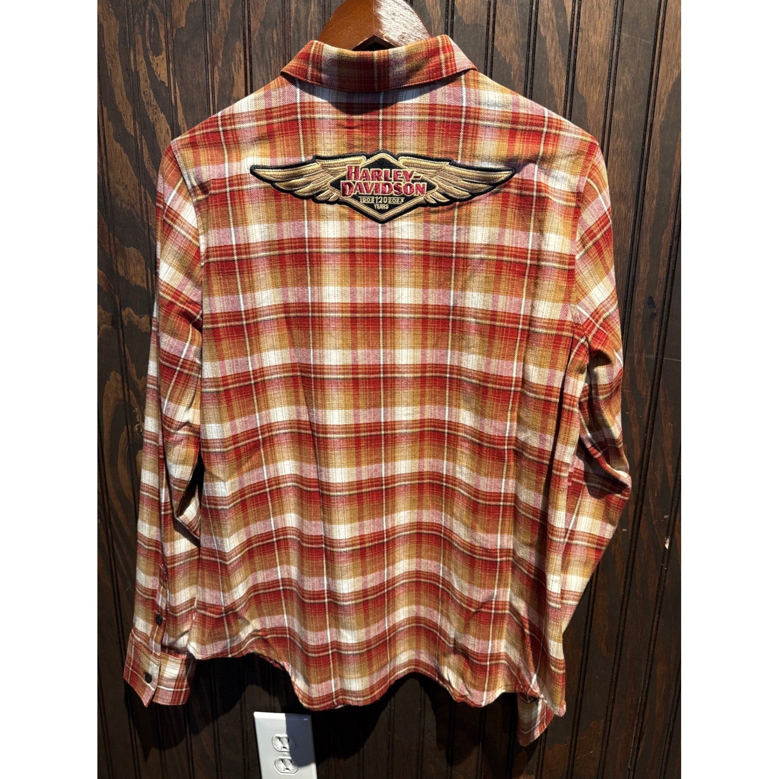 Harley-Davidson 120th Anniversary Flannel Shirt Orange Plaid Button Up Mens L