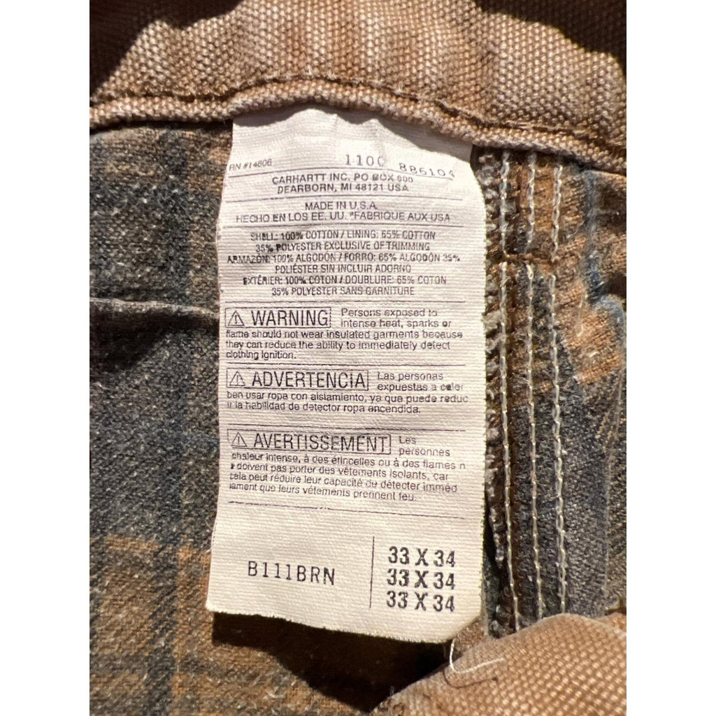 Carhartt B111BRN Flannel Lined Duck Carpenter Pants Brown Mens 32x30 Made in USA