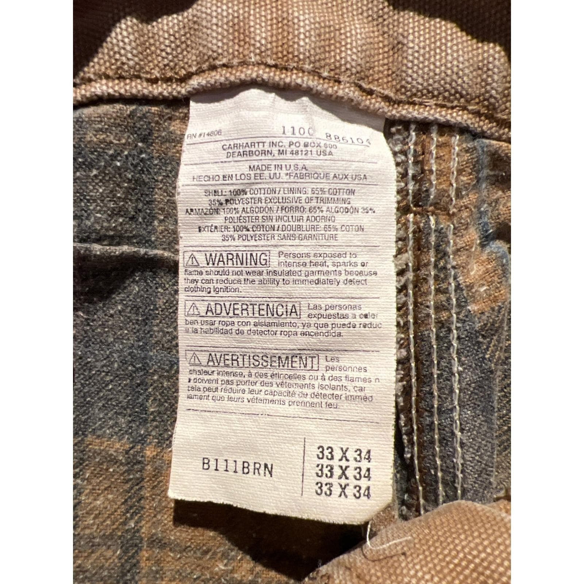 Carhartt B111BRN Flannel Lined Duck Carpenter Pants Brown Mens 32x30 Made in USA