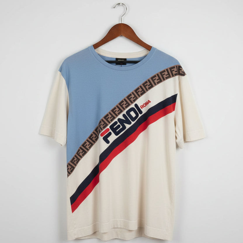 Fendi Roma Made in Italy Mens Colorblock T-Shirt Blue White Short Sleeve Tee