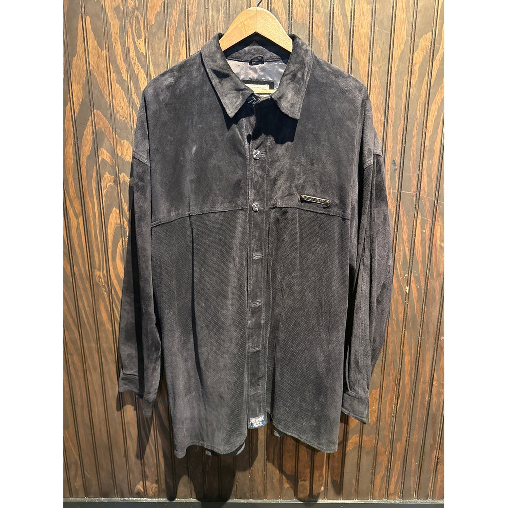 Vintage Wu Wear Mens Black Suede Leather Button Down Shirt Perforated Streetwear