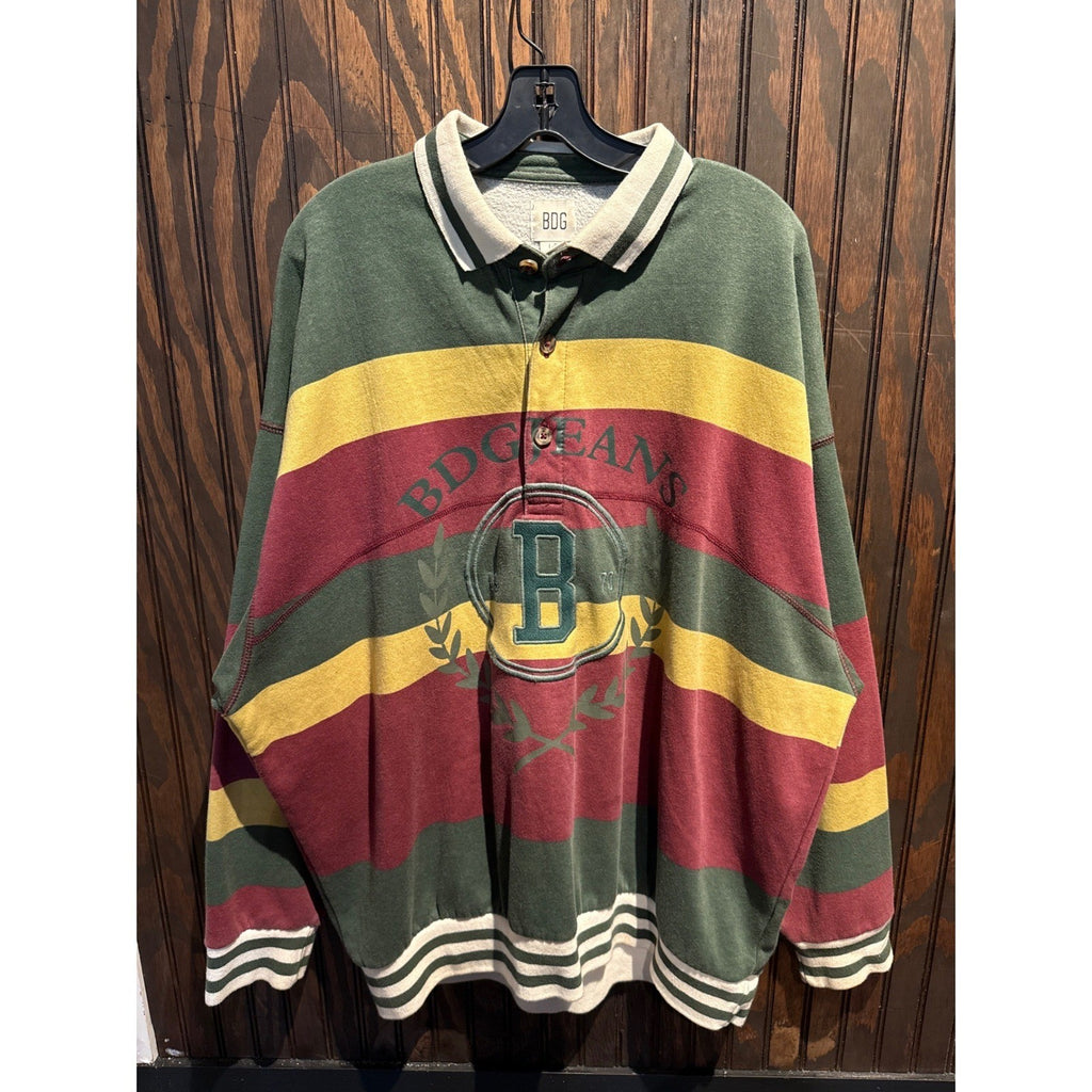 BDG Urban Outfitters Mens Striped Rugby Polo Sweatshirt Green Red Yellow XL