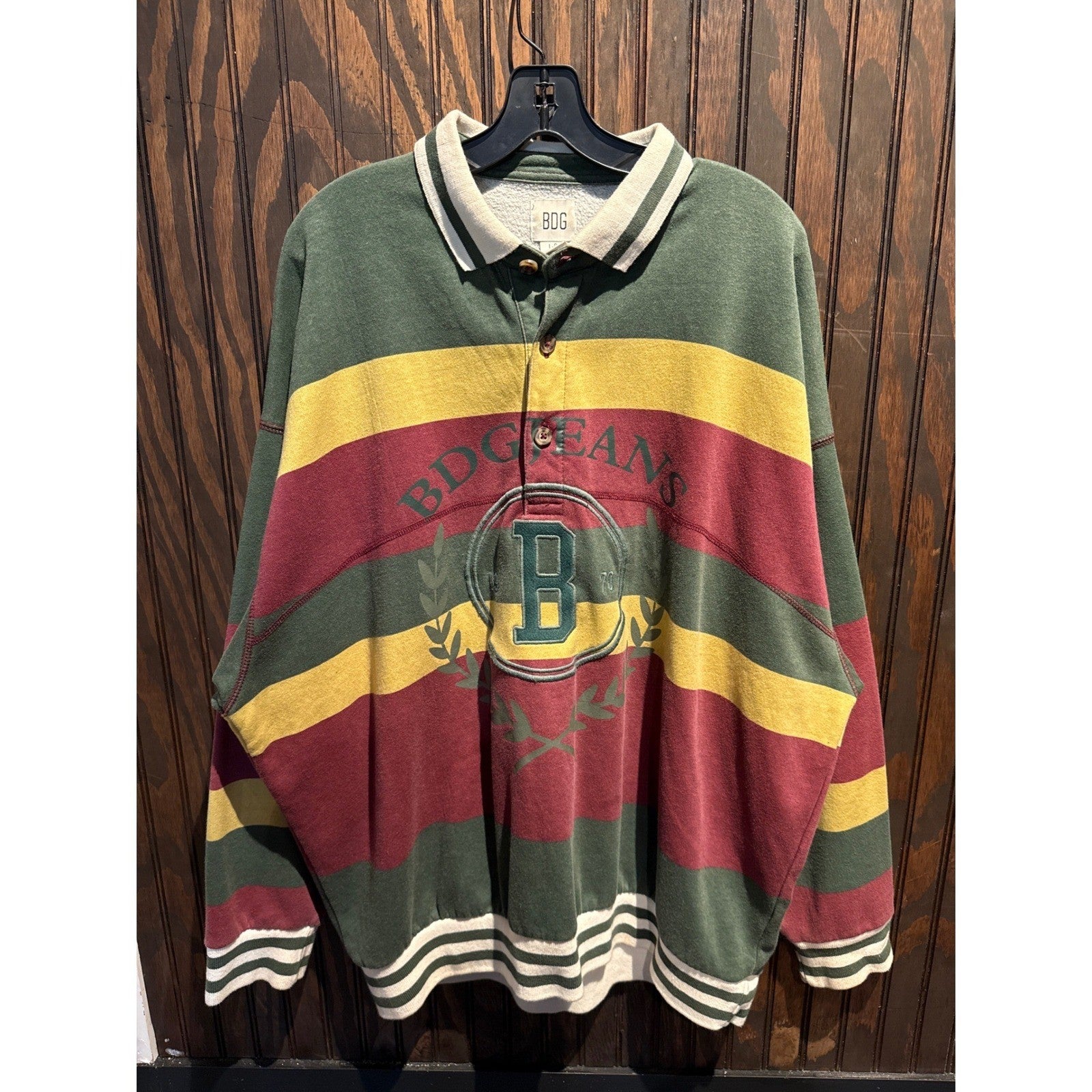 BDG Urban Outfitters Mens Striped Rugby Polo Sweatshirt Green Red Yellow XL