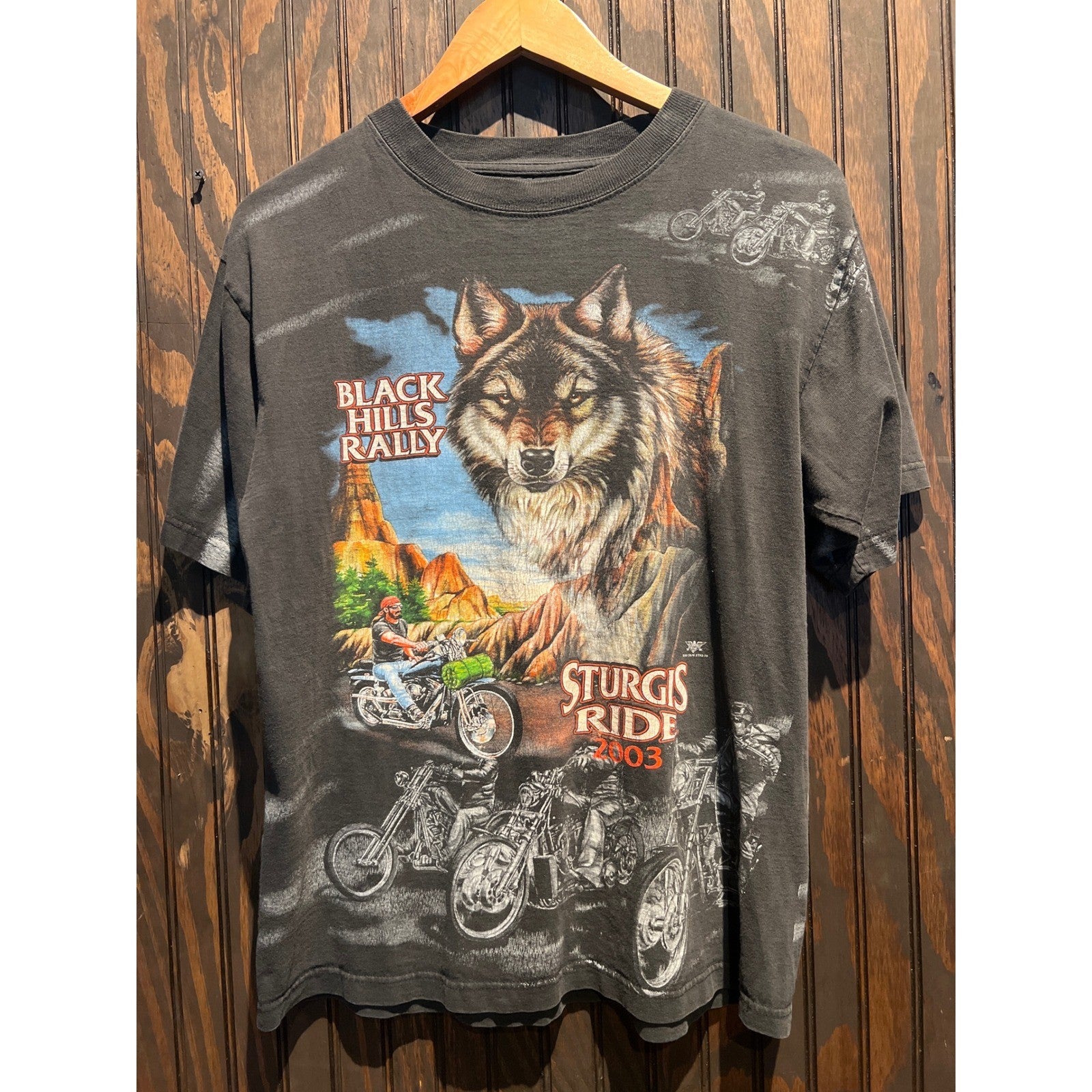 Vintage 2003 Sturgis Ride Black Hills Rally Wolf Motorcycle T-Shirt Faded Black